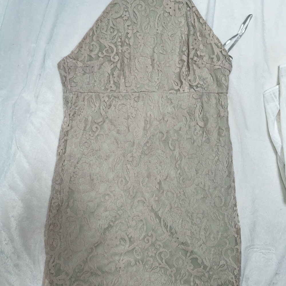 PrettyLittleThing Strapless Lace Dress in Taupe